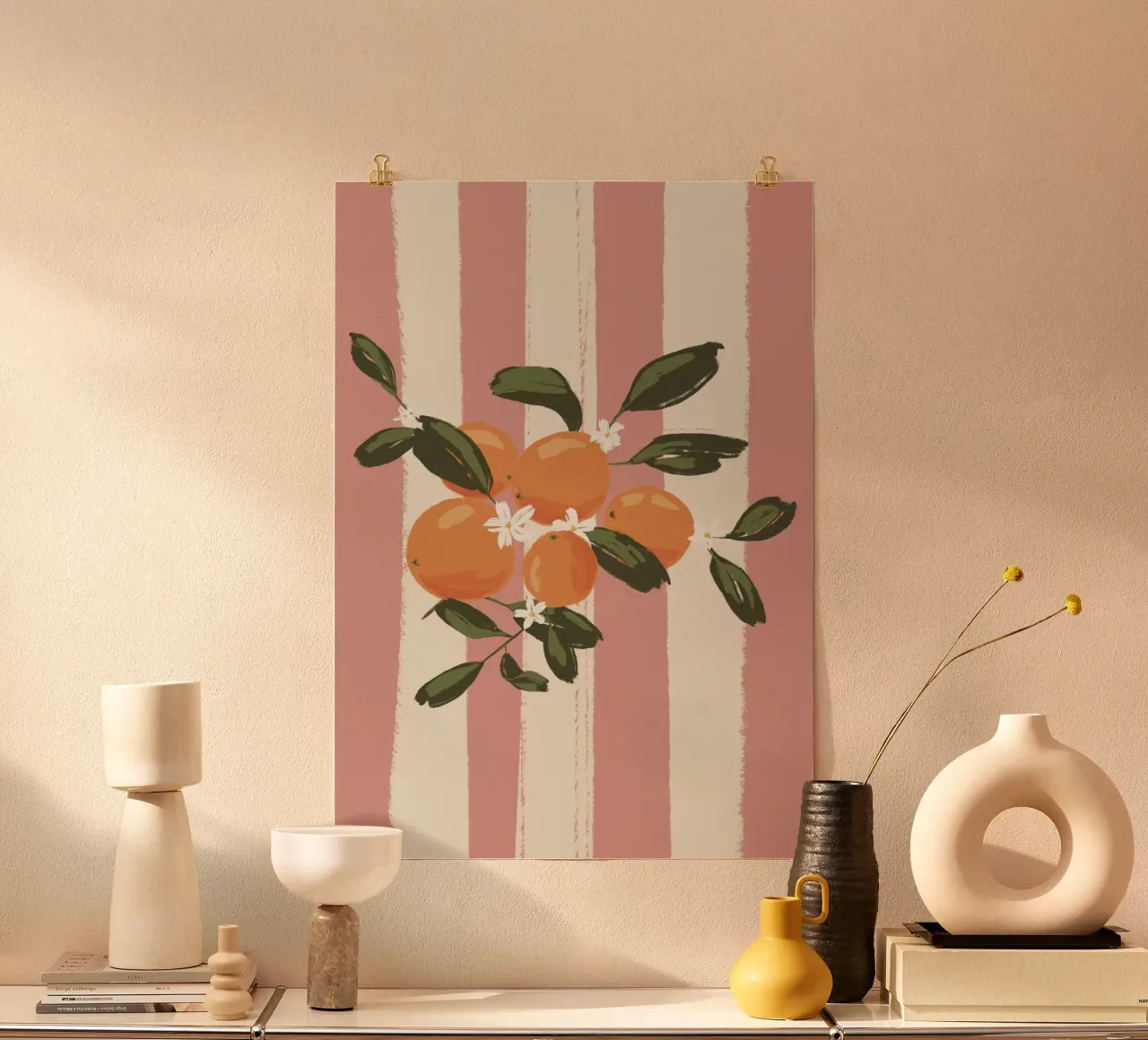Arancioni su strisce rosa poster con telaio in legno da Sixmai