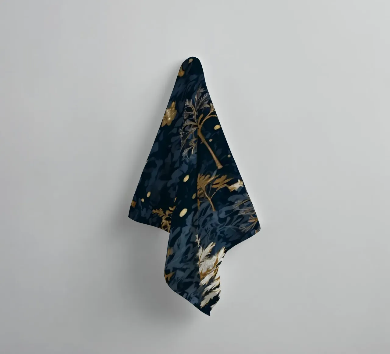 Elegant floral pattern featuring winter trees on a dark back towel by DesignDoodle