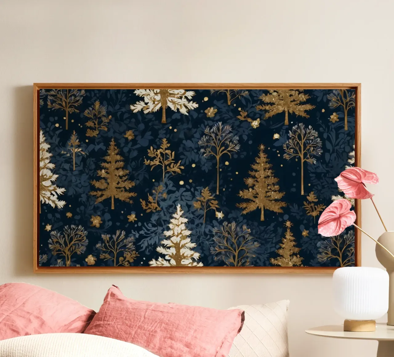 Elegant floral pattern featuring winter trees on a dark back canvas with Floater frame by DesignDoodle