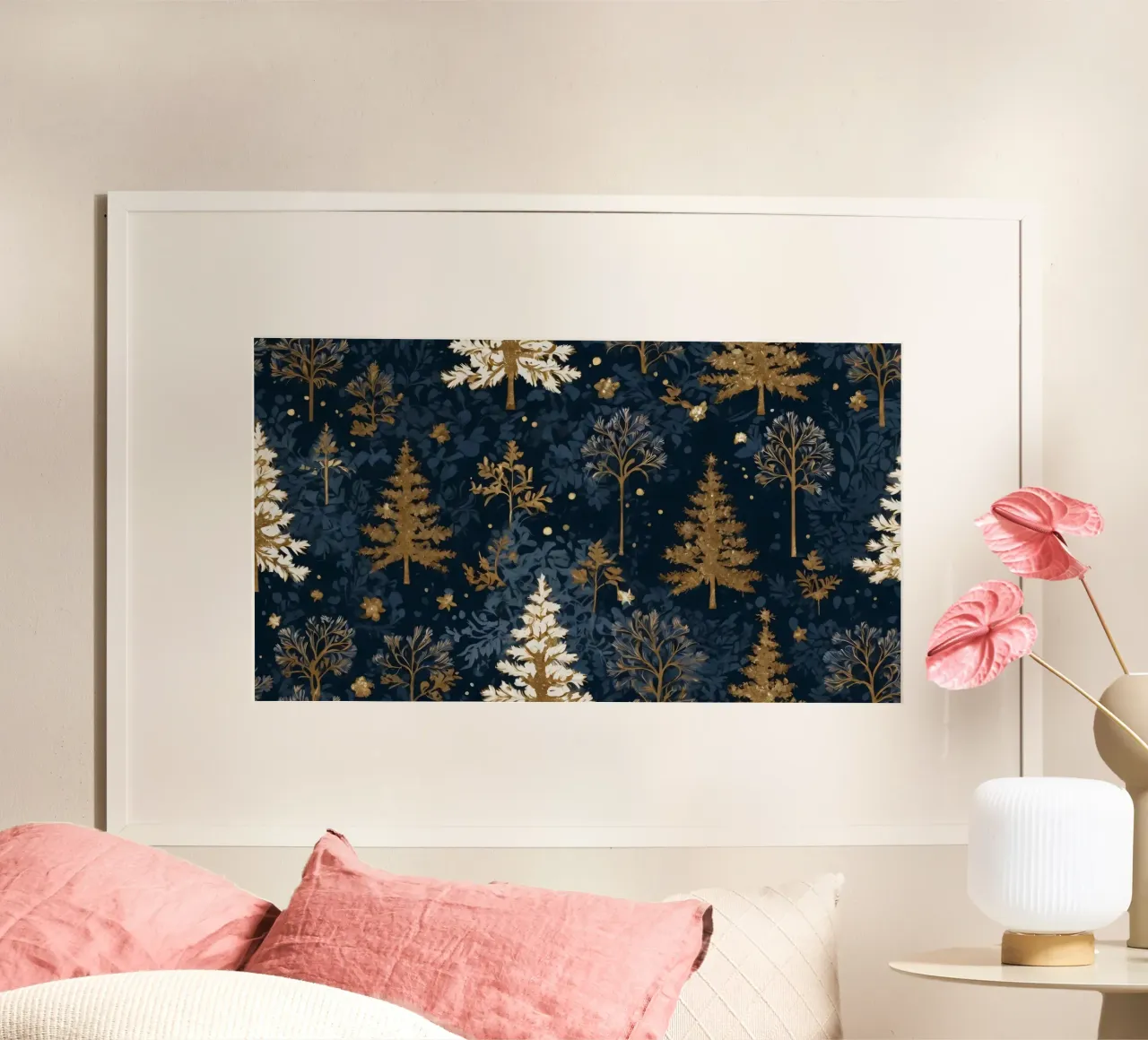 Elegant floral pattern featuring winter trees on a dark back poster by DesignDoodle