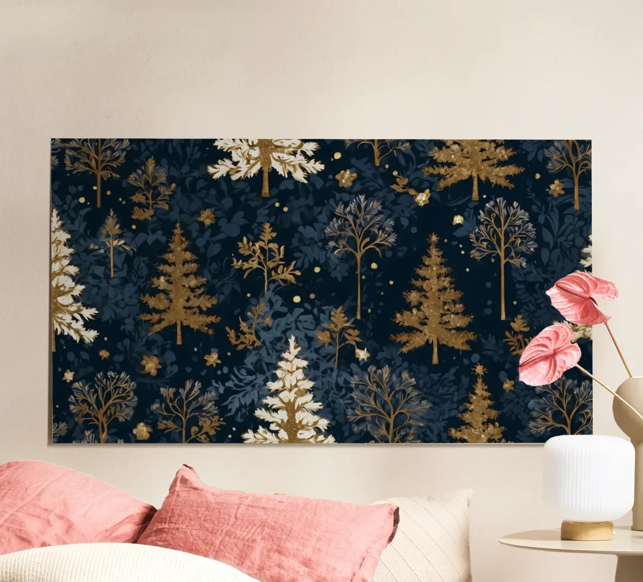 Elegant floral pattern featuring winter trees on a dark back poster by DesignDoodle