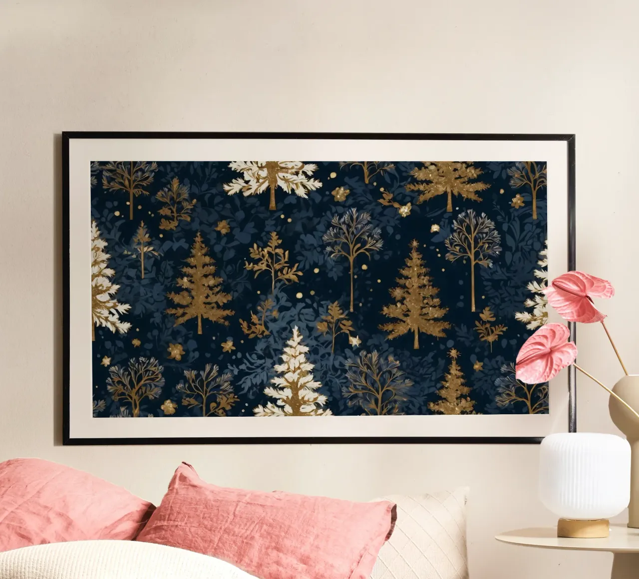 Elegant floral pattern featuring winter trees on a dark back poster by DesignDoodle