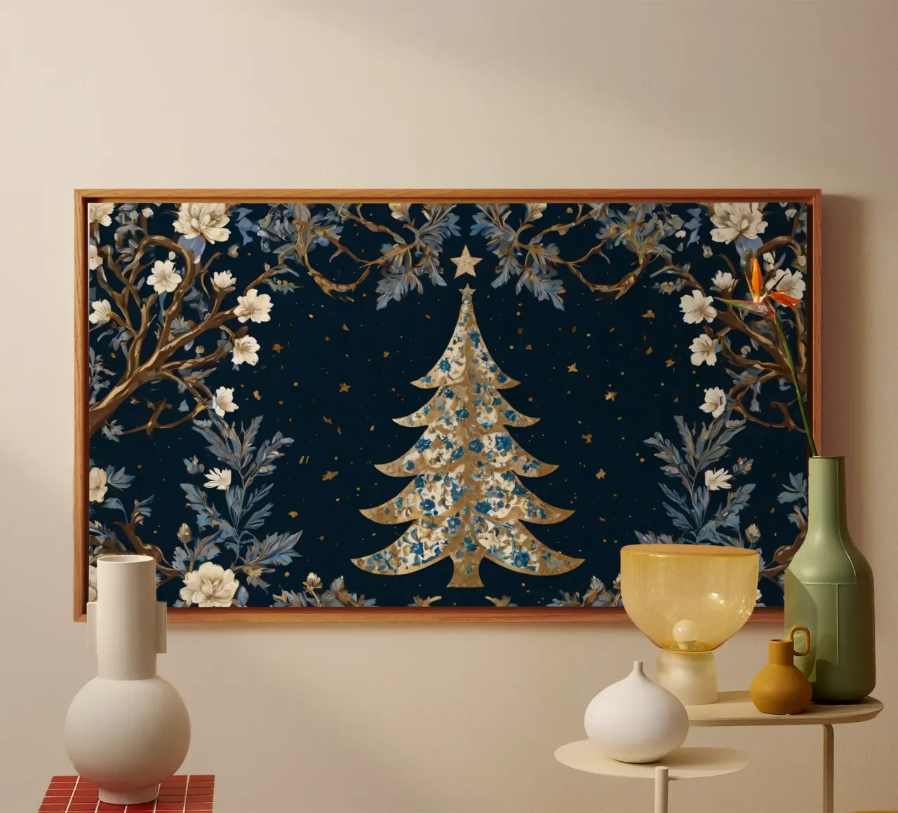 Elegant Christmas tree design surrounded by floral elements canvas with Floater frame by DesignDoodle