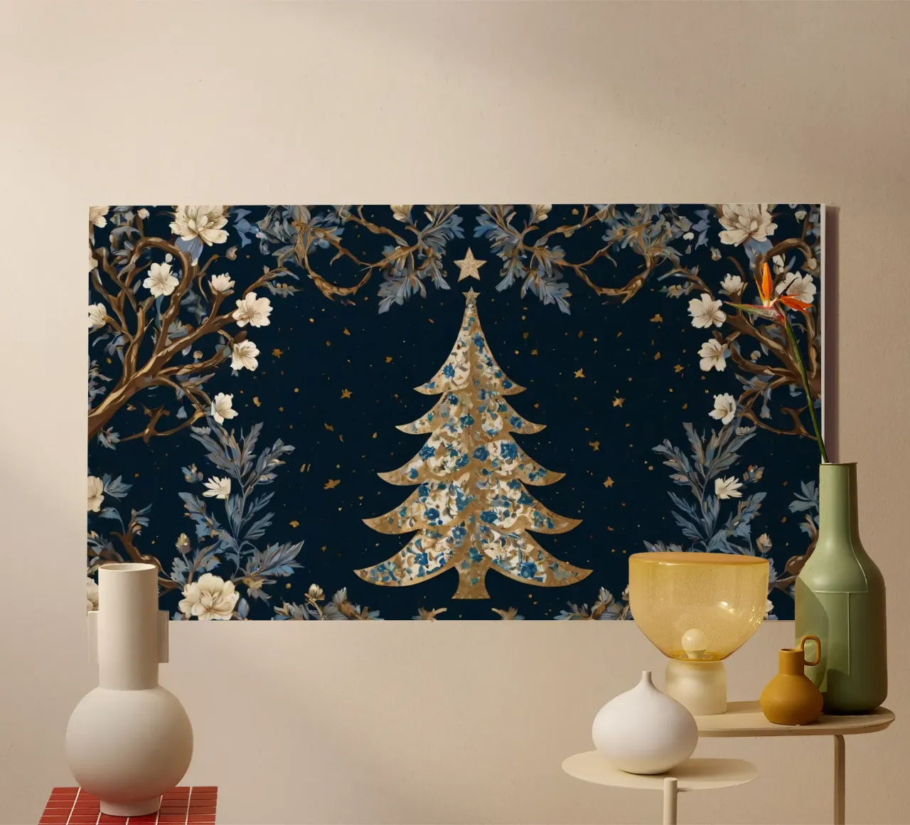 Elegant Christmas tree design surrounded by floral elements canvas with Floater frame by DesignDoodle