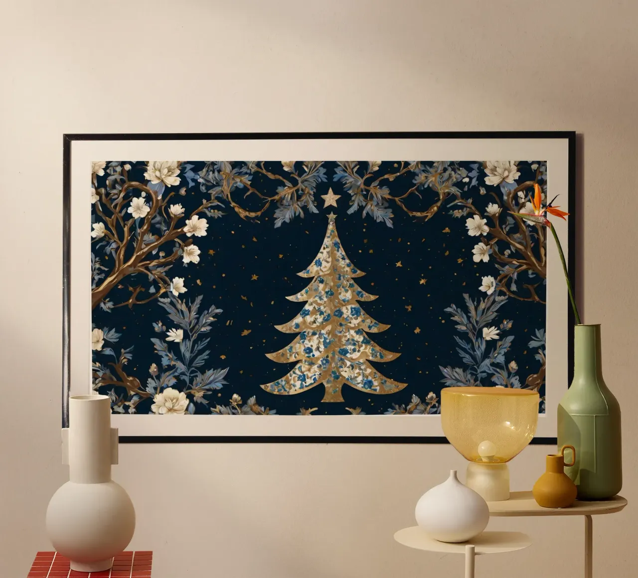 Elegante albero di Natale circondato da elementi floreali poster da DesignDoodle