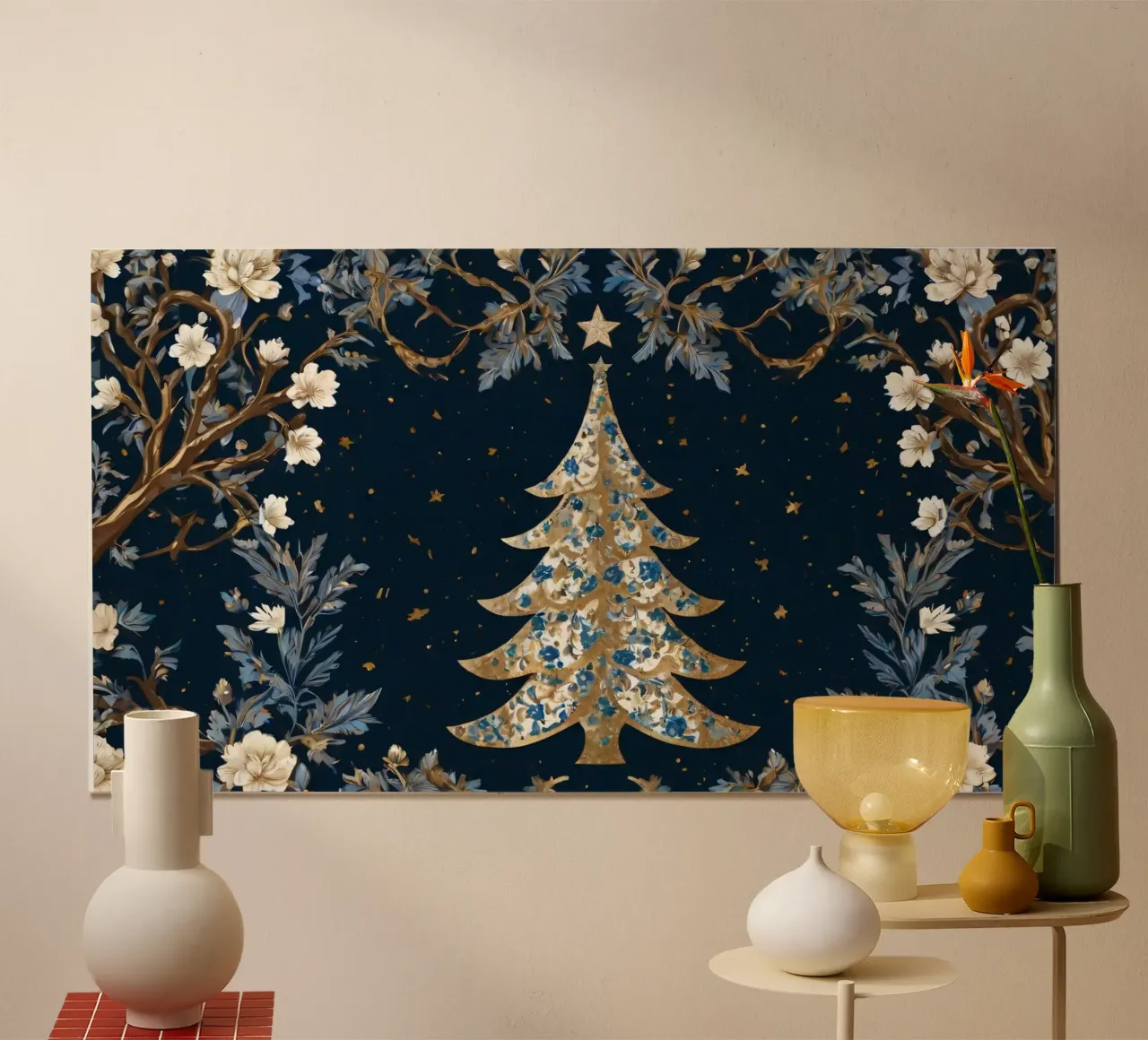 Elegante albero di Natale circondato da elementi floreali poster da DesignDoodle