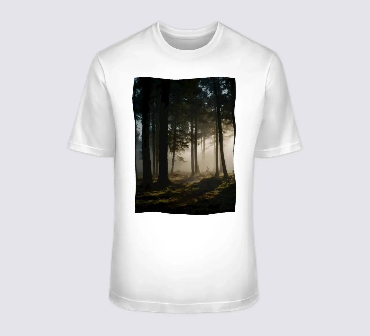 Lumière brumeuse du matin filtrant à travers les grands arbres t-shirt de DesignDoodle