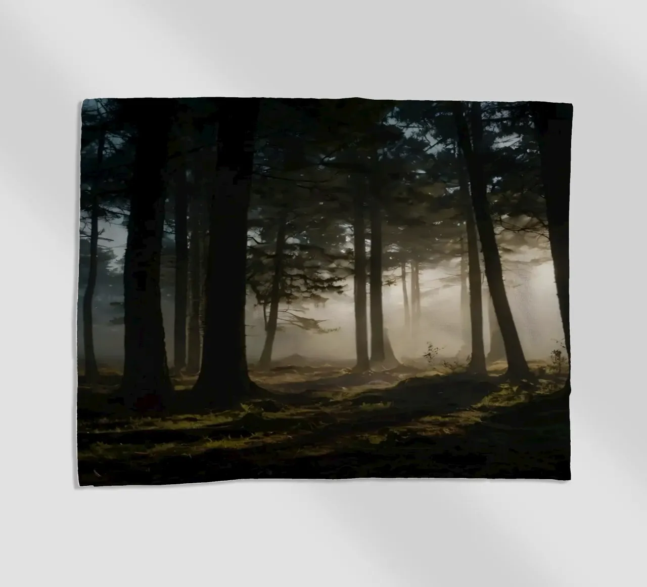 Lumière brumeuse du matin filtrant à travers les grands arbres serviette de plage de DesignDoodle