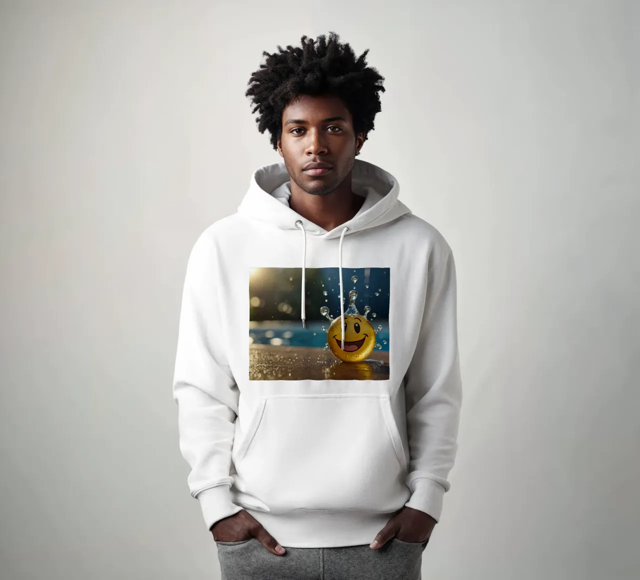 Un jouet jaune au smiley joyeux éclabousse dans l'eau. sweat à capuche de DesignDoodle