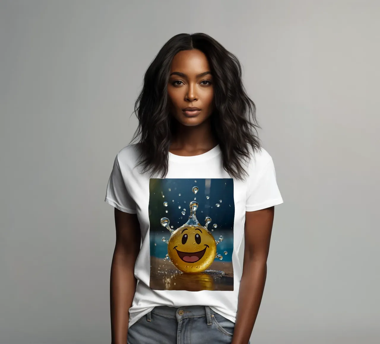Un jouet jaune au smiley joyeux éclabousse dans l'eau. t-shirt ajusté pour femmes de DesignDoodle