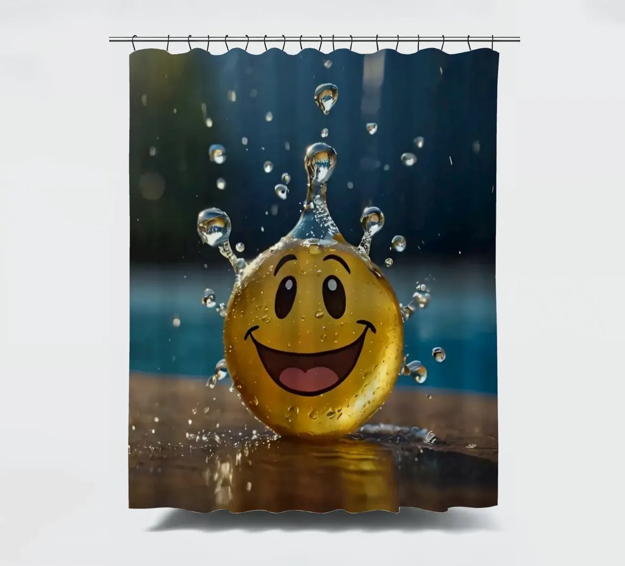 Un jouet jaune au smiley joyeux éclabousse dans l'eau. rideau de douche de DesignDoodle