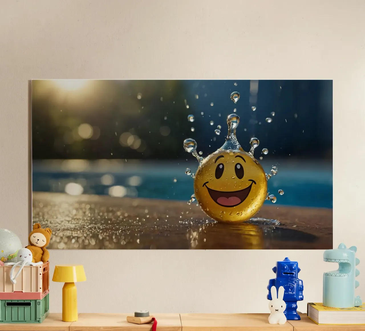 Un jouet jaune au smiley joyeux éclabousse dans l'eau. plexiglas de DesignDoodle