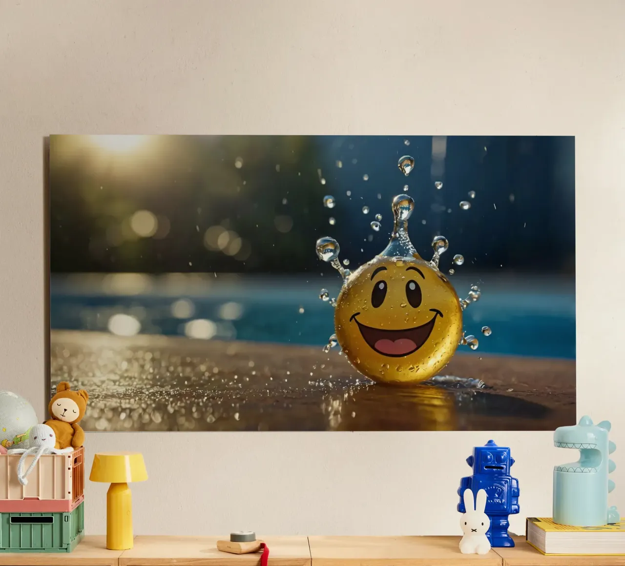 Un jouet jaune au smiley joyeux éclabousse dans l'eau. alu dibond de DesignDoodle