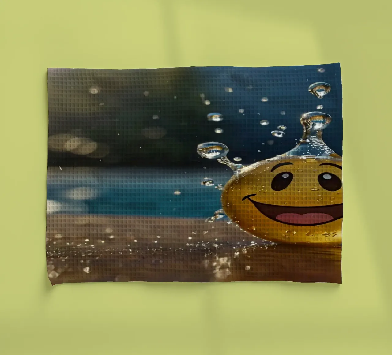 Un jouet jaune au smiley joyeux éclabousse dans l'eau. torchon de DesignDoodle