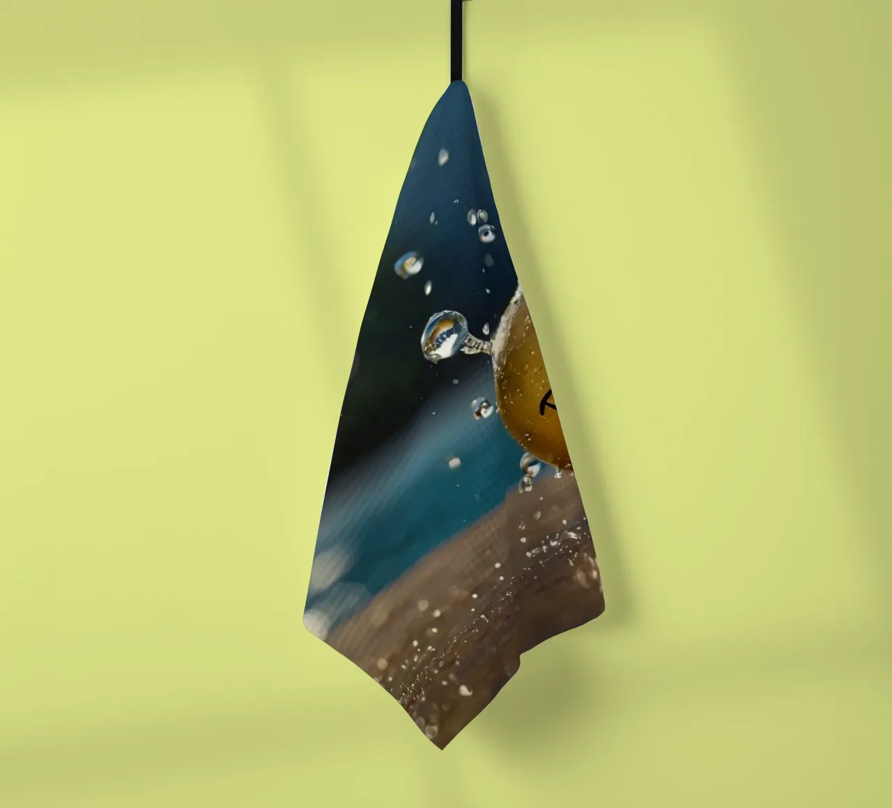 Un jouet jaune au smiley joyeux éclabousse dans l'eau. torchon de DesignDoodle