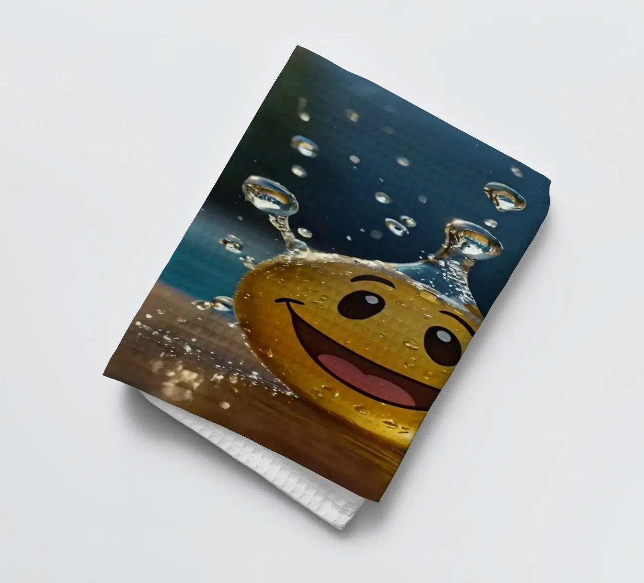 Un jouet jaune au smiley joyeux éclabousse dans l'eau. torchon de DesignDoodle