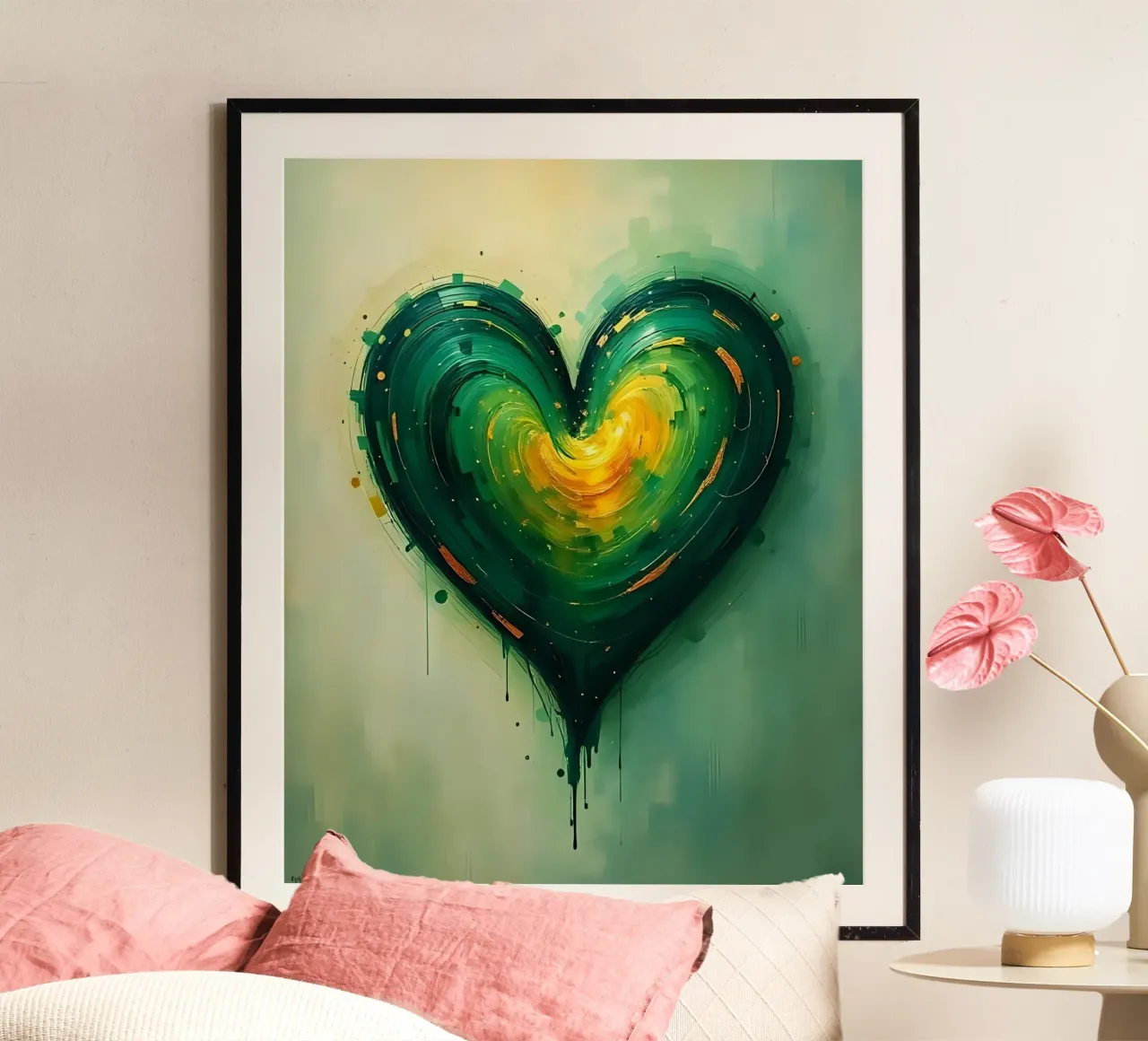 cuore_verde_oro_1 poster con telaio in alluminio da Pink- und LoveArt by LK