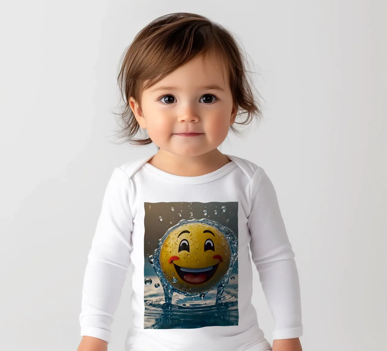 smiling yellow emoji splashes joyfully in a shimmering water long-sleeve baby romper by DesignDoodle