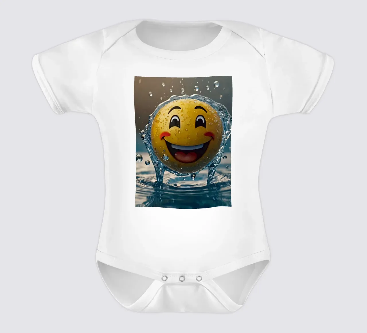un emoji jaune souriant s'éclabousse joyeusement dans une eau scintillante body bébé de DesignDoodle