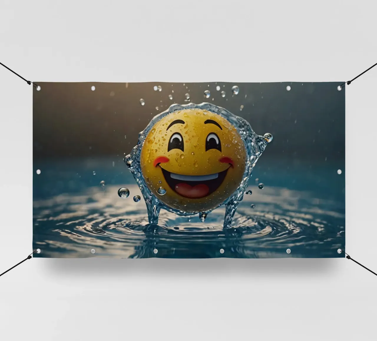 un emoji jaune souriant s'éclabousse joyeusement dans une eau scintillante bâche pvc de DesignDoodle