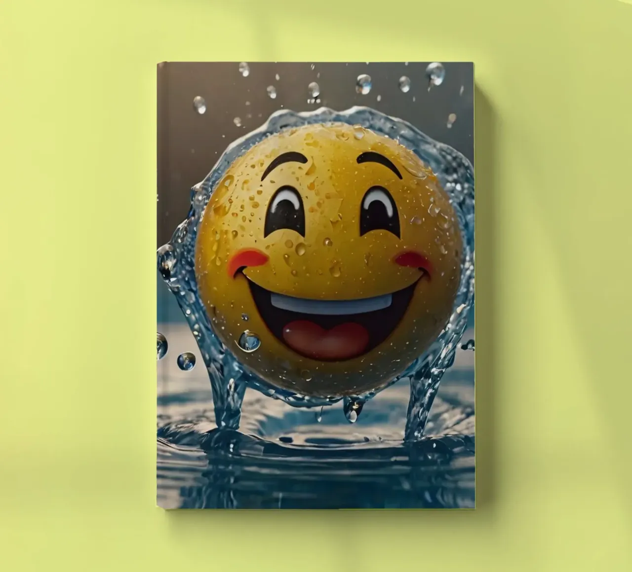 smiling yellow emoji splashes joyfully in a shimmering water notebook by DesignDoodle
