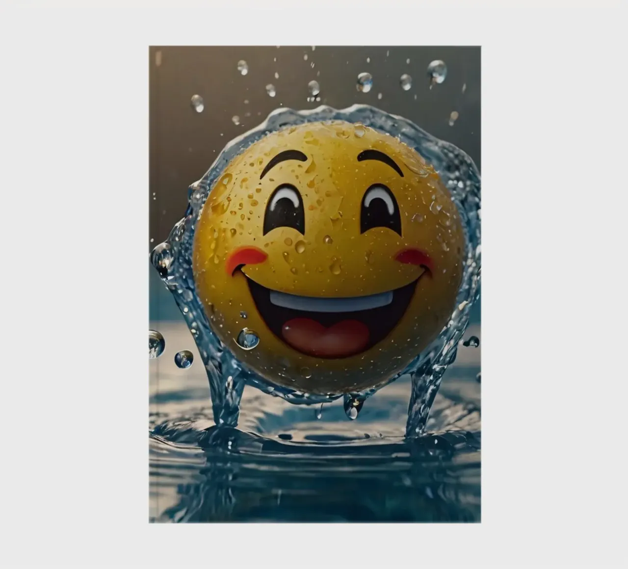 smiling yellow emoji splashes joyfully in a shimmering water notebook by DesignDoodle