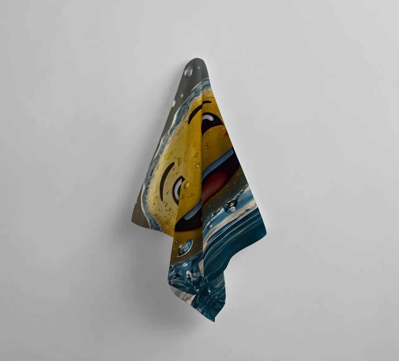 smiling yellow emoji splashes joyfully in a shimmering water towel by DesignDoodle