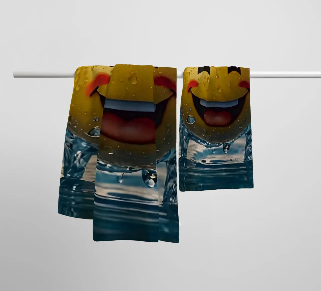 smiling yellow emoji splashes joyfully in a shimmering water towel by DesignDoodle