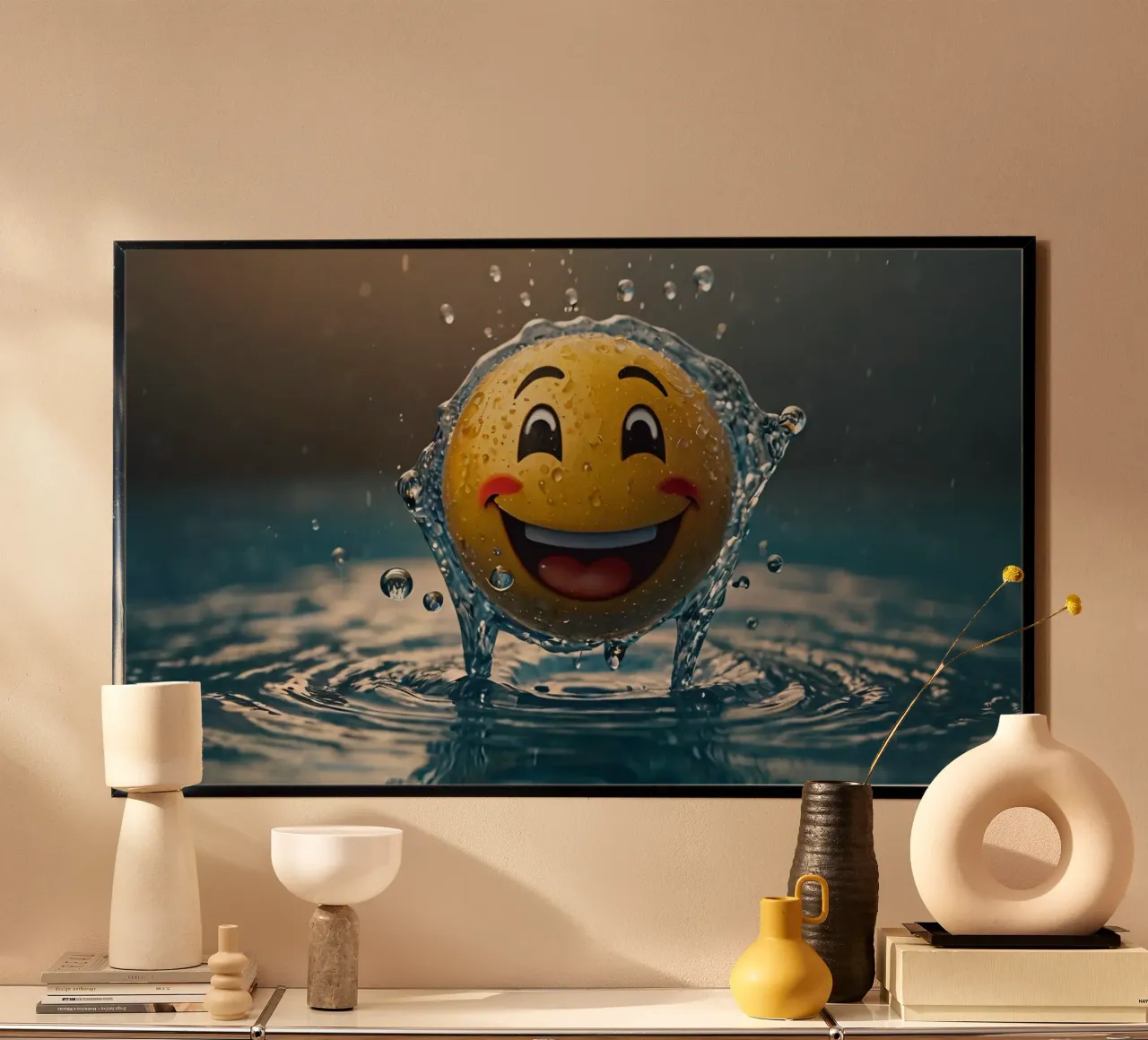 smiling yellow emoji splashes joyfully in a shimmering water hahnemühle by DesignDoodle