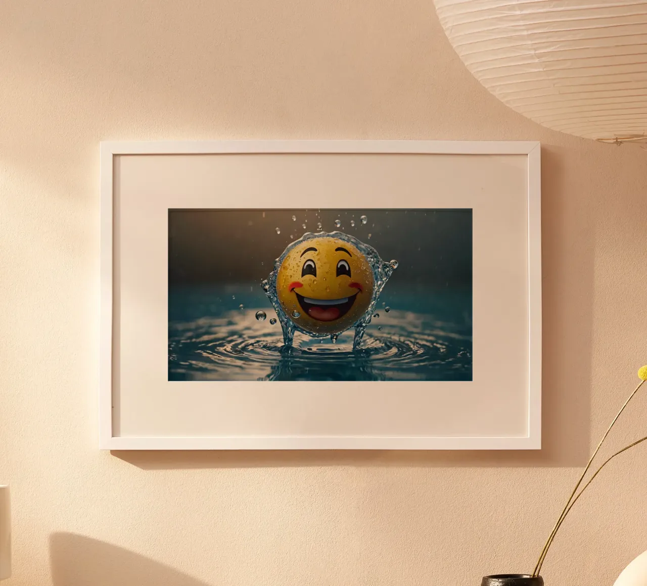 smiling yellow emoji splashes joyfully in a shimmering water hahnemühle by DesignDoodle