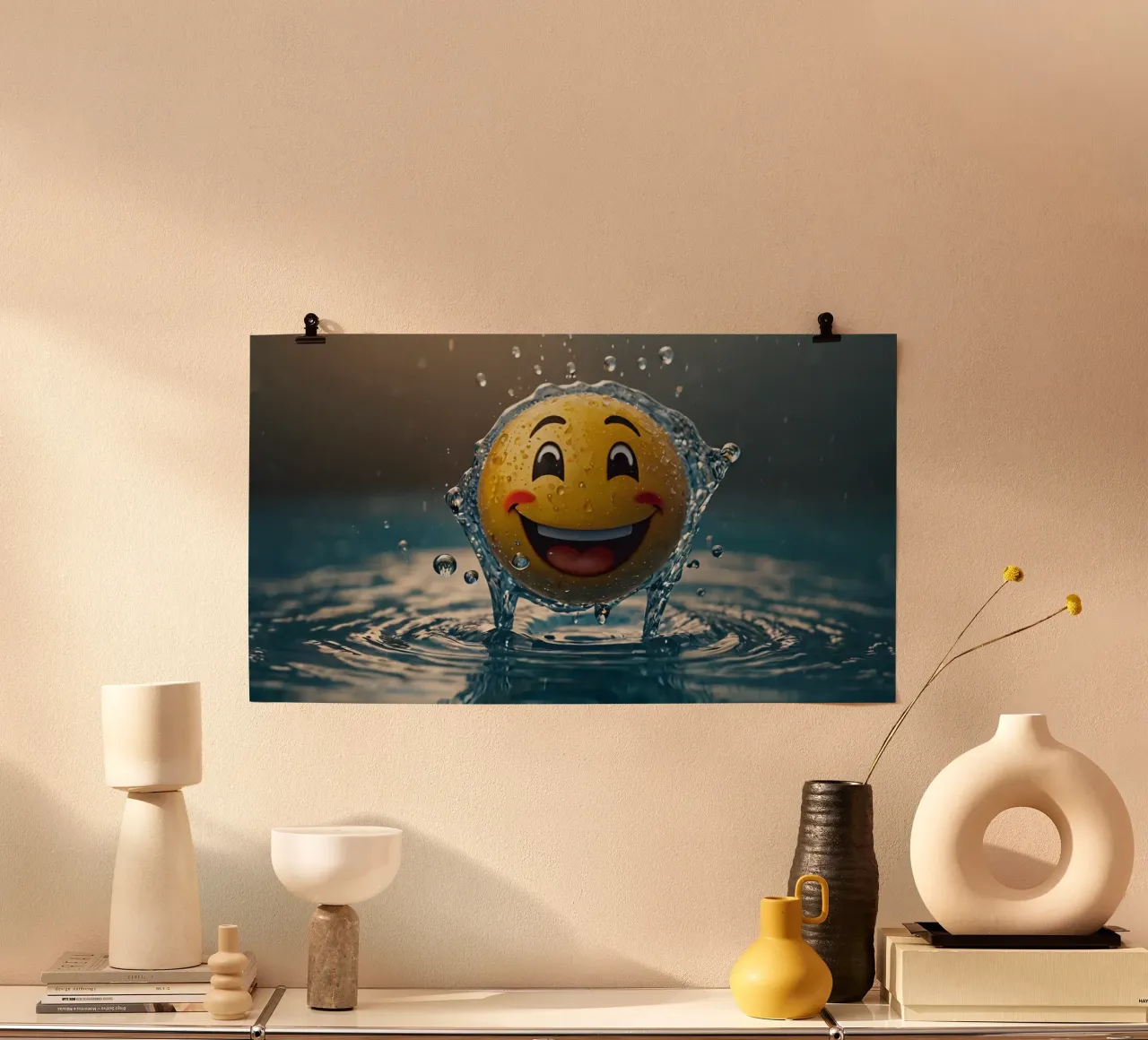 smiling yellow emoji splashes joyfully in a shimmering water hahnemühle by DesignDoodle