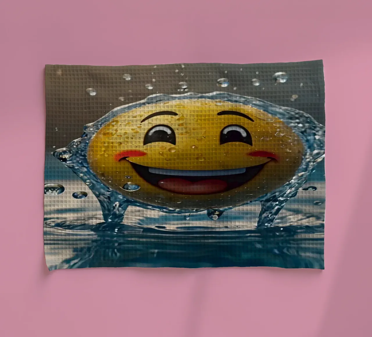 un emoji jaune souriant s'éclabousse joyeusement dans une eau scintillante torchon de DesignDoodle