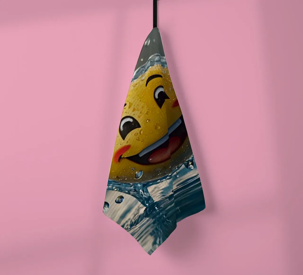 un emoji jaune souriant s'éclabousse joyeusement dans une eau scintillante torchon de DesignDoodle