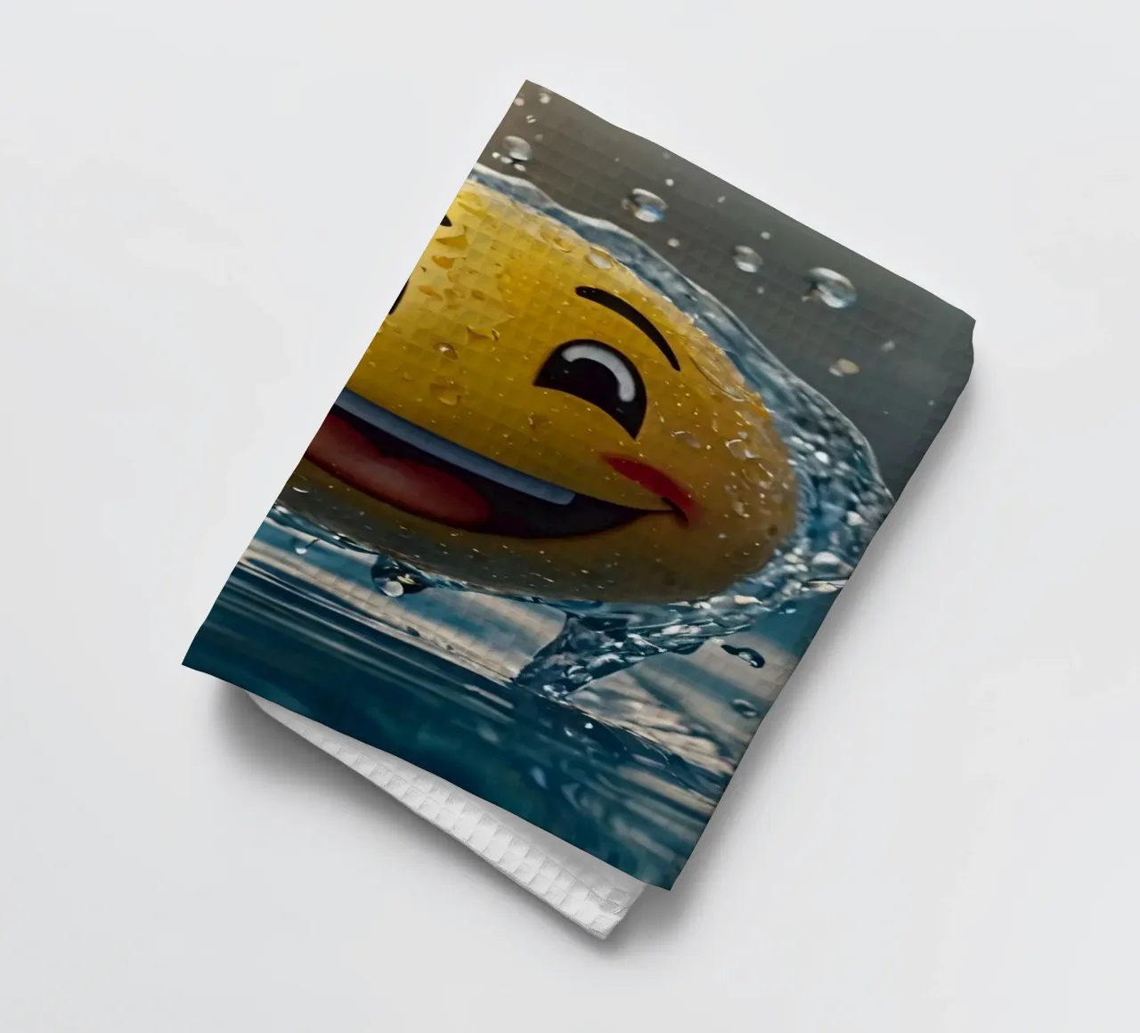 un emoji jaune souriant s'éclabousse joyeusement dans une eau scintillante torchon de DesignDoodle