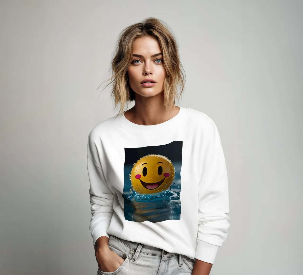 Un smiley jaune joyeux flottant sur l'eau avec des gouttes d'eau. sweat de DesignDoodle