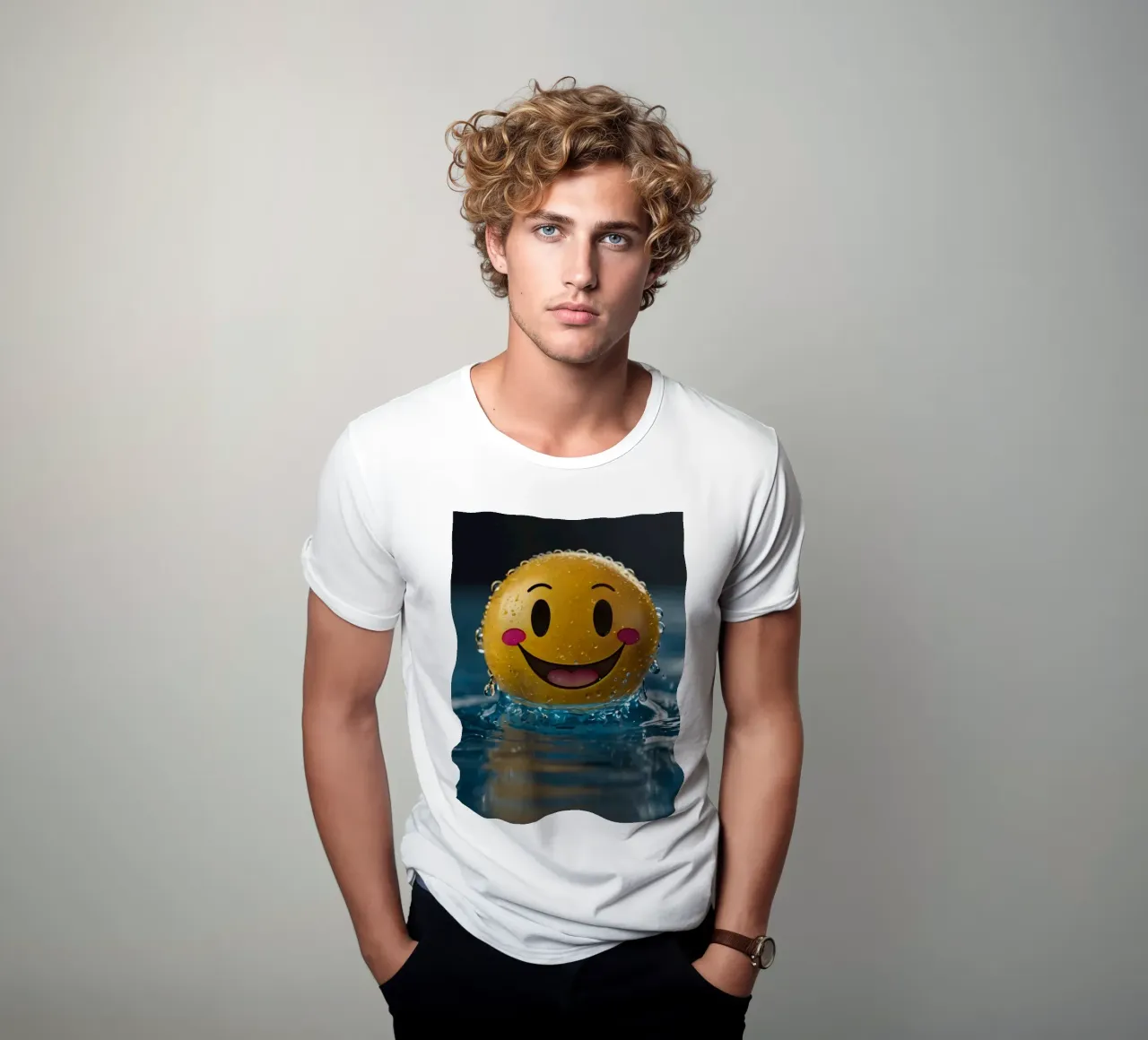 Un smiley jaune joyeux flottant sur l'eau avec des gouttes d'eau. t-shirt de DesignDoodle