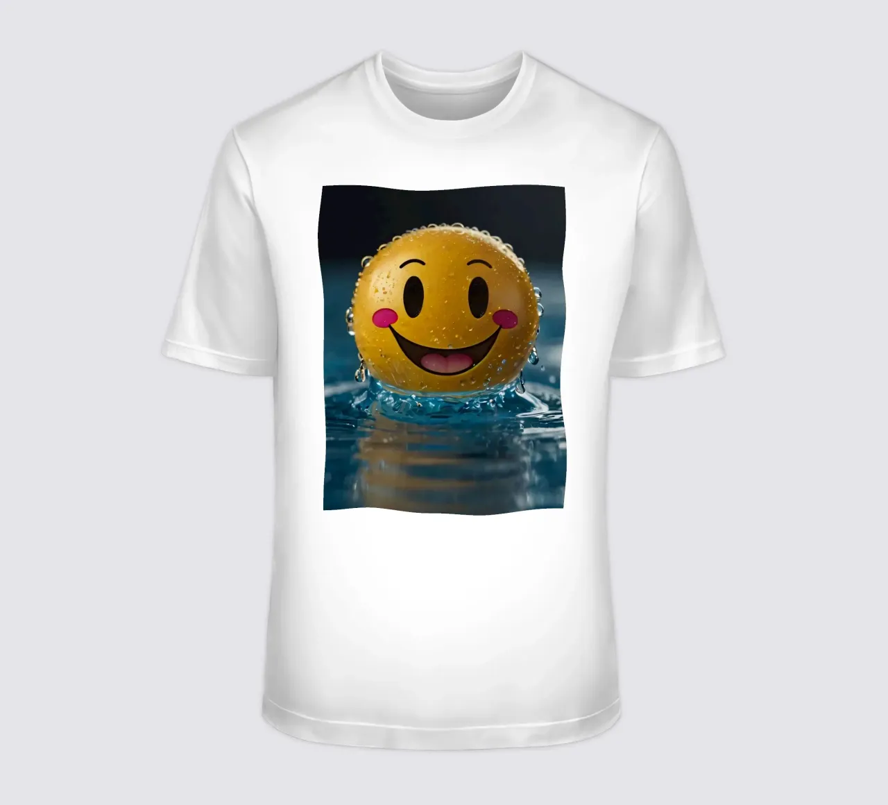 Un smiley jaune joyeux flottant sur l'eau avec des gouttes d'eau. t-shirt de DesignDoodle