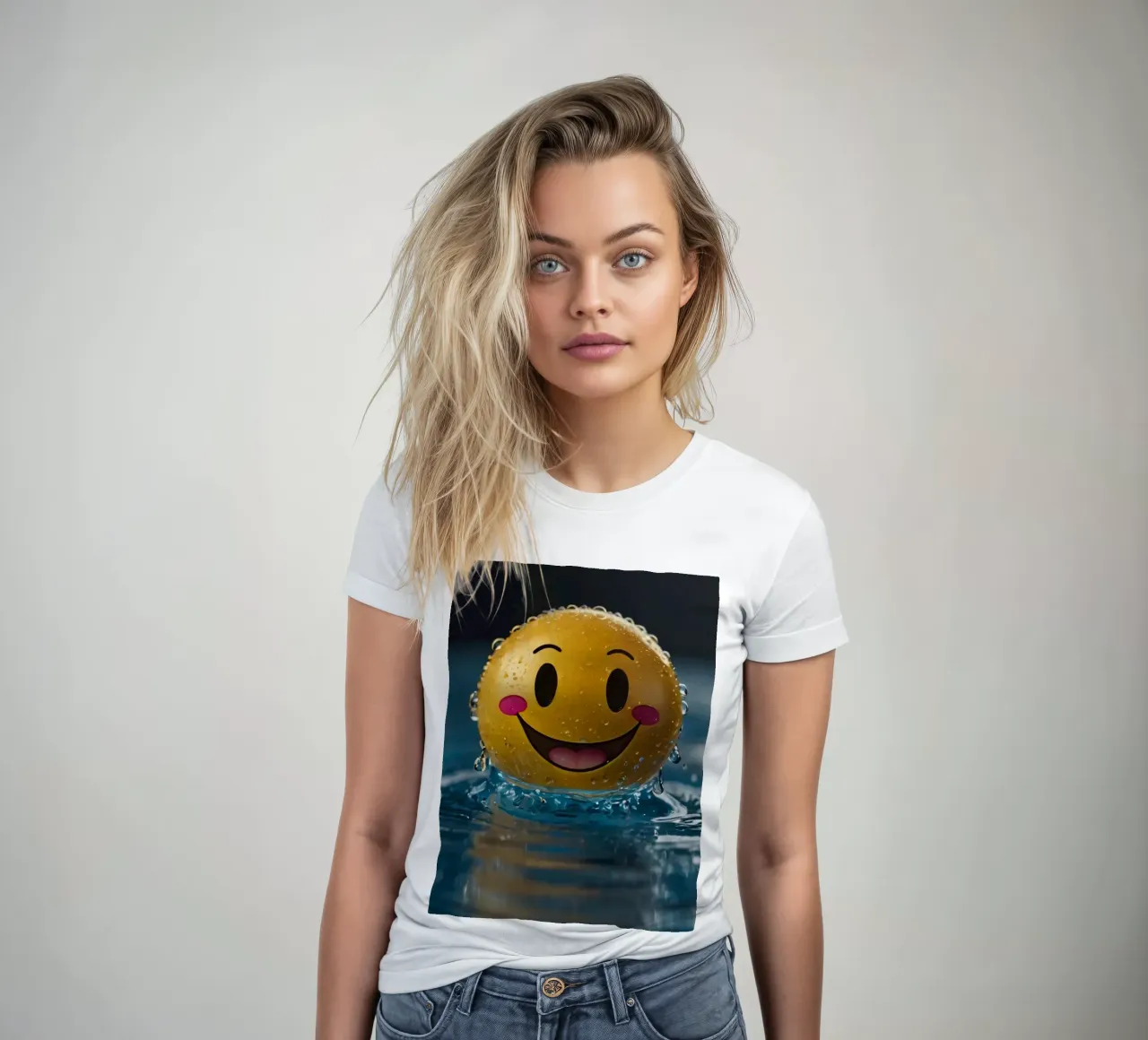 Un smiley jaune joyeux flottant sur l'eau avec des gouttes d'eau. t-shirt ajusté pour femmes de DesignDoodle