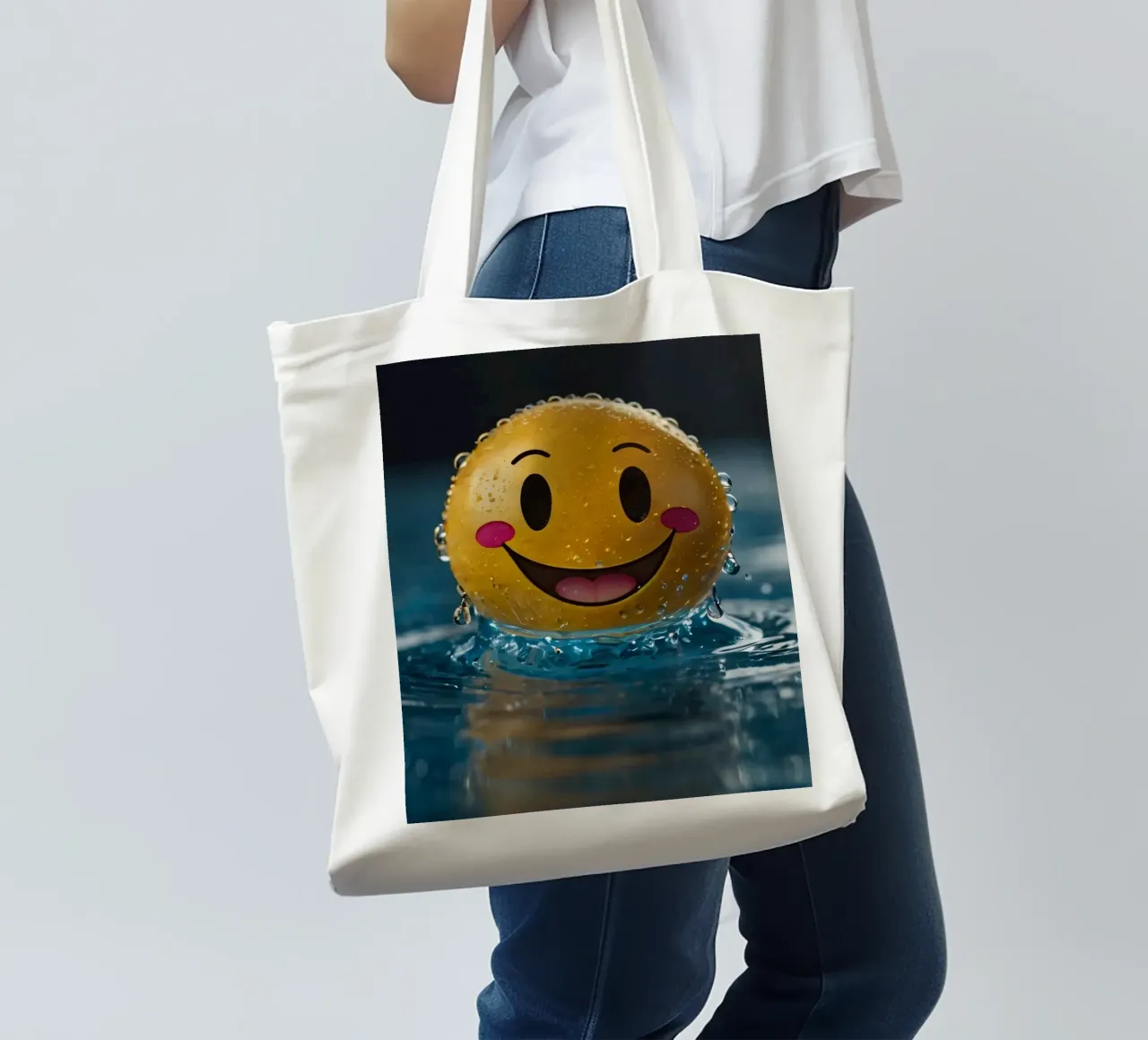Un smiley jaune joyeux flottant sur l'eau avec des gouttes d'eau. tote bag de DesignDoodle