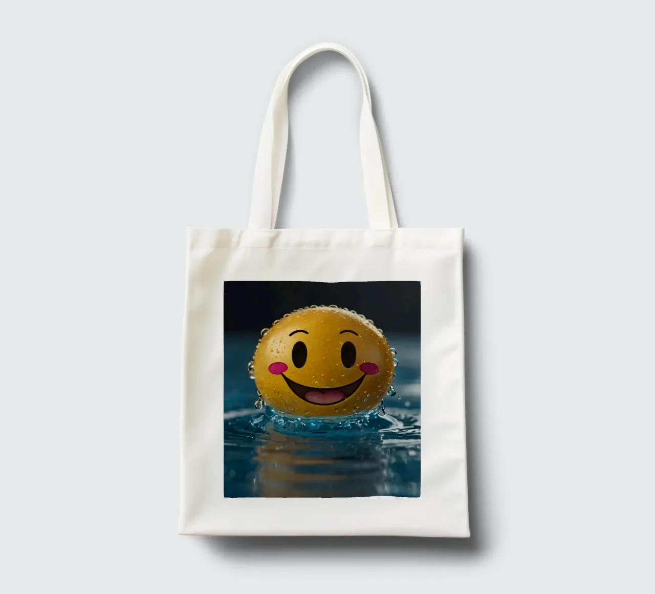 Un smiley jaune joyeux flottant sur l'eau avec des gouttes d'eau. tote bag de DesignDoodle