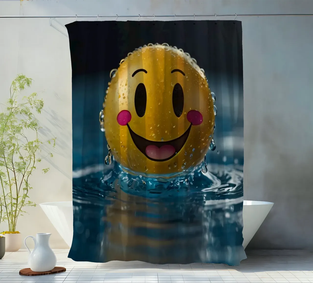 Un smiley jaune joyeux flottant sur l'eau avec des gouttes d'eau. rideau de douche de DesignDoodle