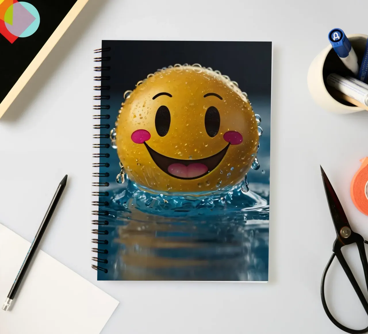 Un smiley jaune joyeux flottant sur l'eau avec des gouttes d'eau. carnet à spirale de DesignDoodle