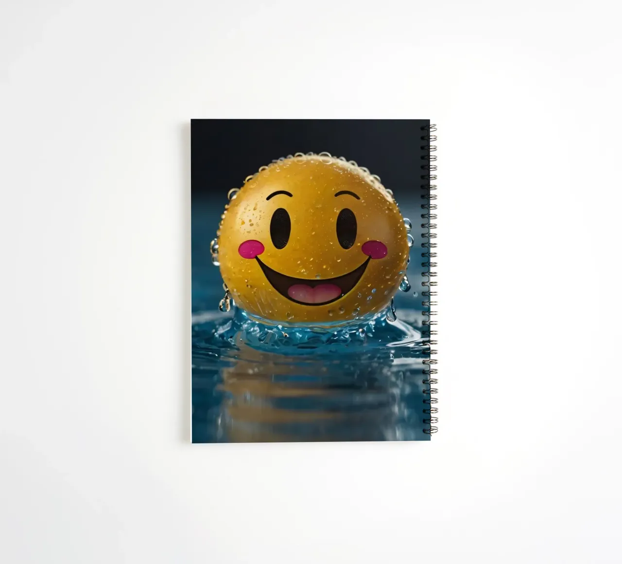 Un smiley jaune joyeux flottant sur l'eau avec des gouttes d'eau. carnet à spirale de DesignDoodle