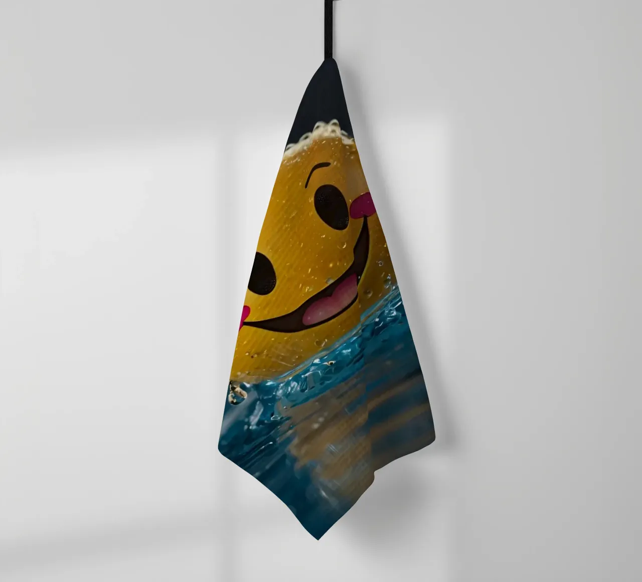 Un smiley jaune joyeux flottant sur l'eau avec des gouttes d'eau. torchon de DesignDoodle