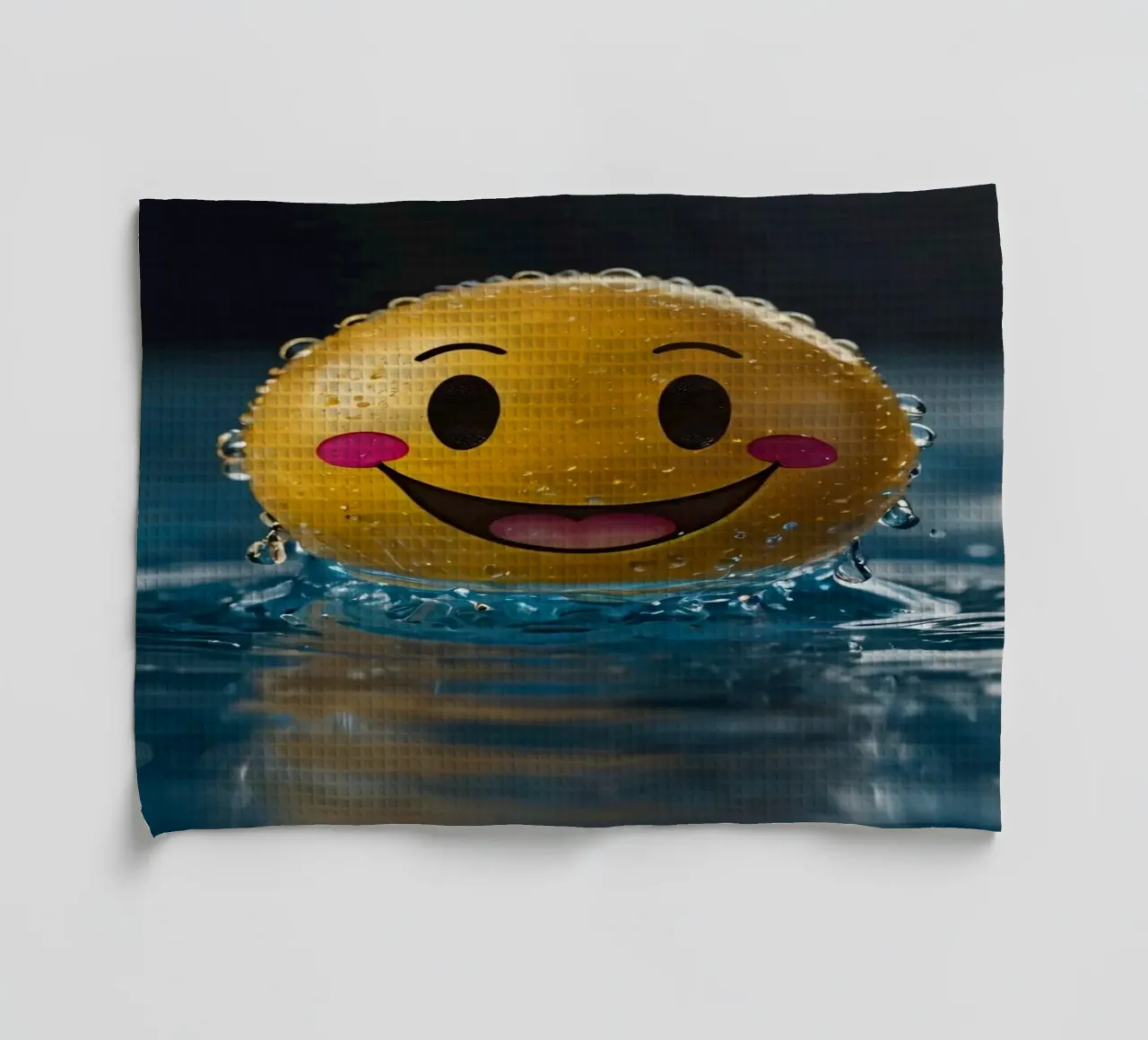 Un smiley jaune joyeux flottant sur l'eau avec des gouttes d'eau. torchon de DesignDoodle
