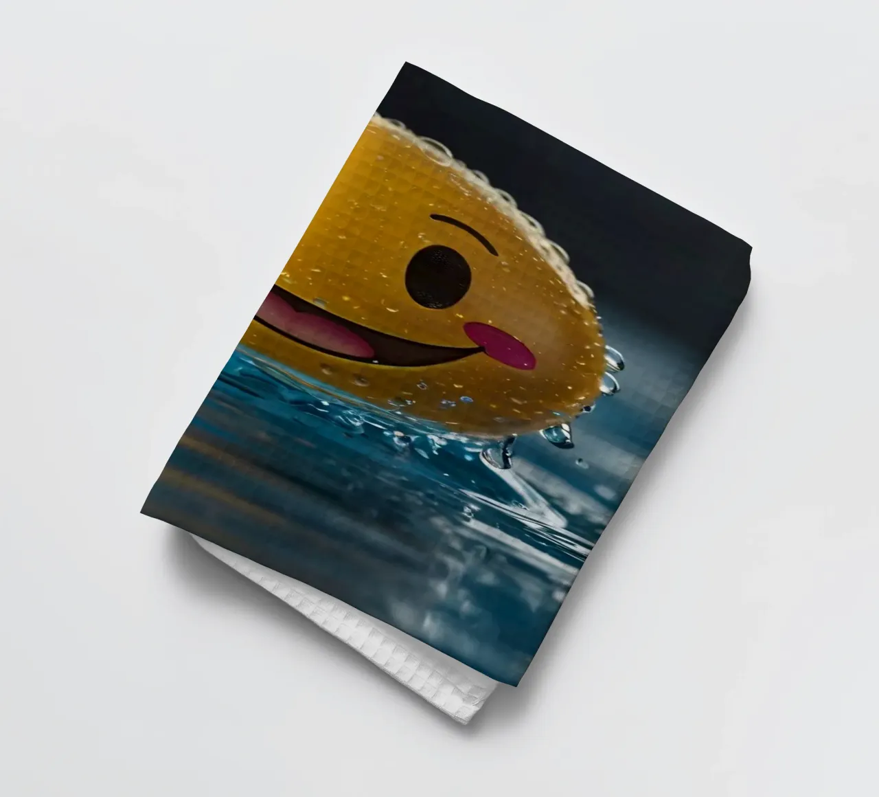 Un smiley jaune joyeux flottant sur l'eau avec des gouttes d'eau. torchon de DesignDoodle
