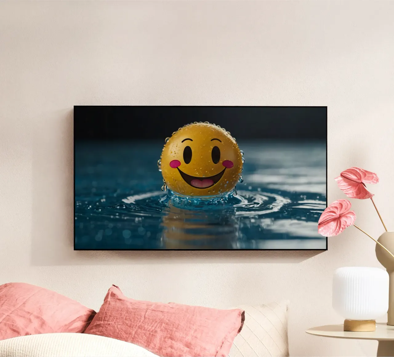 Un smiley jaune joyeux flottant sur l'eau avec des gouttes d'eau. plexiglas de DesignDoodle