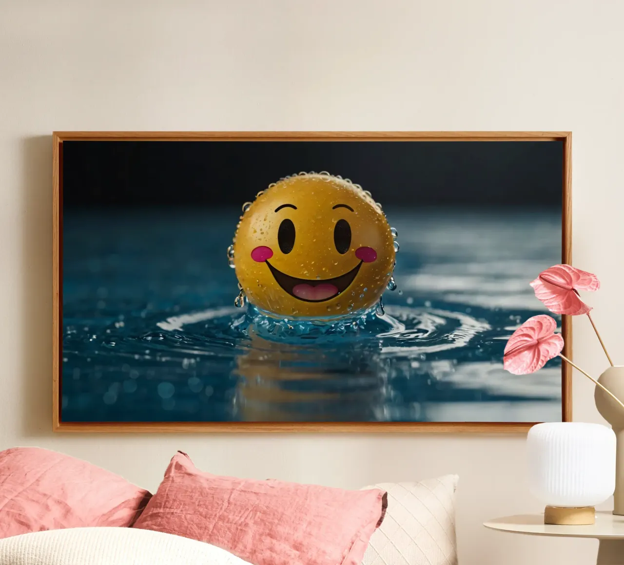 Un smiley jaune joyeux flottant sur l'eau avec des gouttes d'eau. toile de DesignDoodle