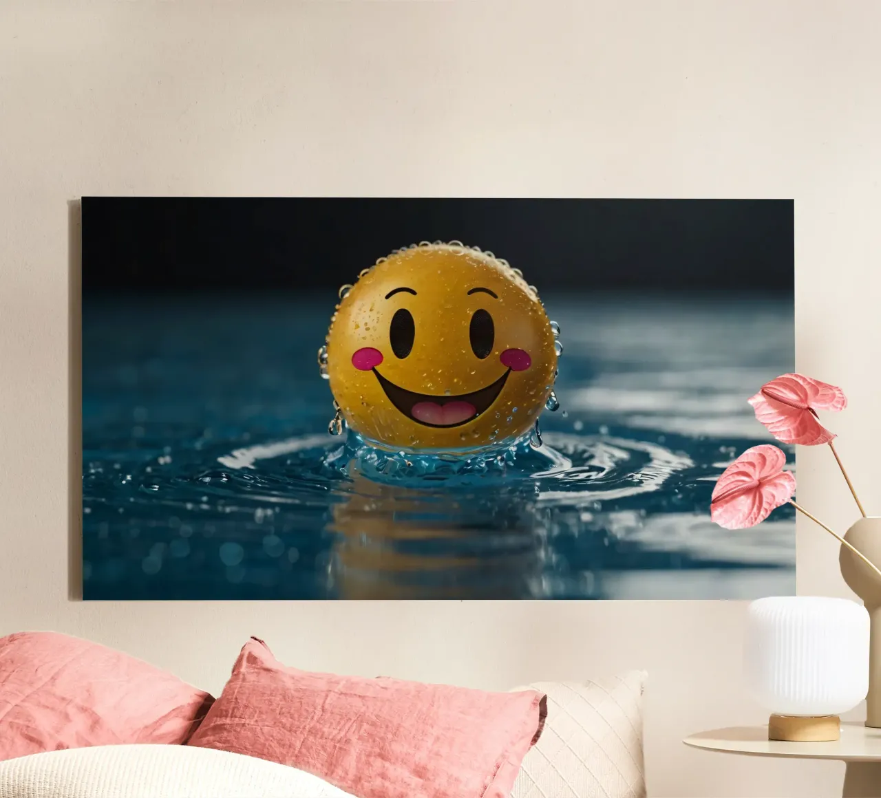 Un smiley jaune joyeux flottant sur l'eau avec des gouttes d'eau. toile de DesignDoodle