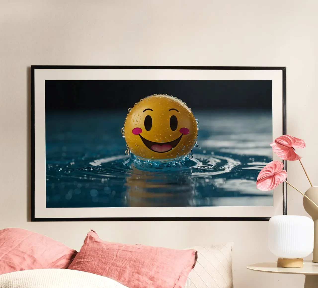 Un smiley jaune joyeux flottant sur l'eau avec des gouttes d'eau. hahnemühle de DesignDoodle